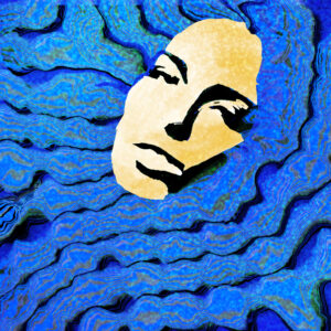 Art of Alicia Keys. A face light brown color in a sea of glitter blue color