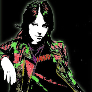 Art of Joan Jett. On a black background with Joan Jett in foreground glowing with around her. Red ad green color one her jacket and hair.