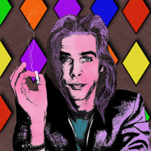 Art of Nick Cave . On a brown background with a multi color diamond patter with Nick Cave in foreground holding cigarette in right hand with pink textured skin on face an hand. Purple highlights in jacket and hair