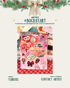 [id: A holiday-framed page showing the same pink and orange collage sheet from Image 1. The sheet includes bows, hearts, scissors, speech bubbles, and queer-themed phrases like “Gal Pals” and “I like girls in a gay way.” It sits on a red checkered cloth surrounded by additional collage supplies. Bottom text repeats “Medium: Various” and “Price & Currency: Contact Artist.”]