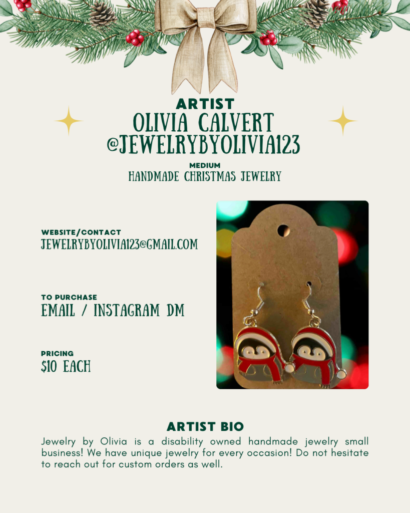 [id:A pair of small penguin earrings with red winter hats and scarves. The earrings hang on a brown card with colorful blurred lights in the background.]