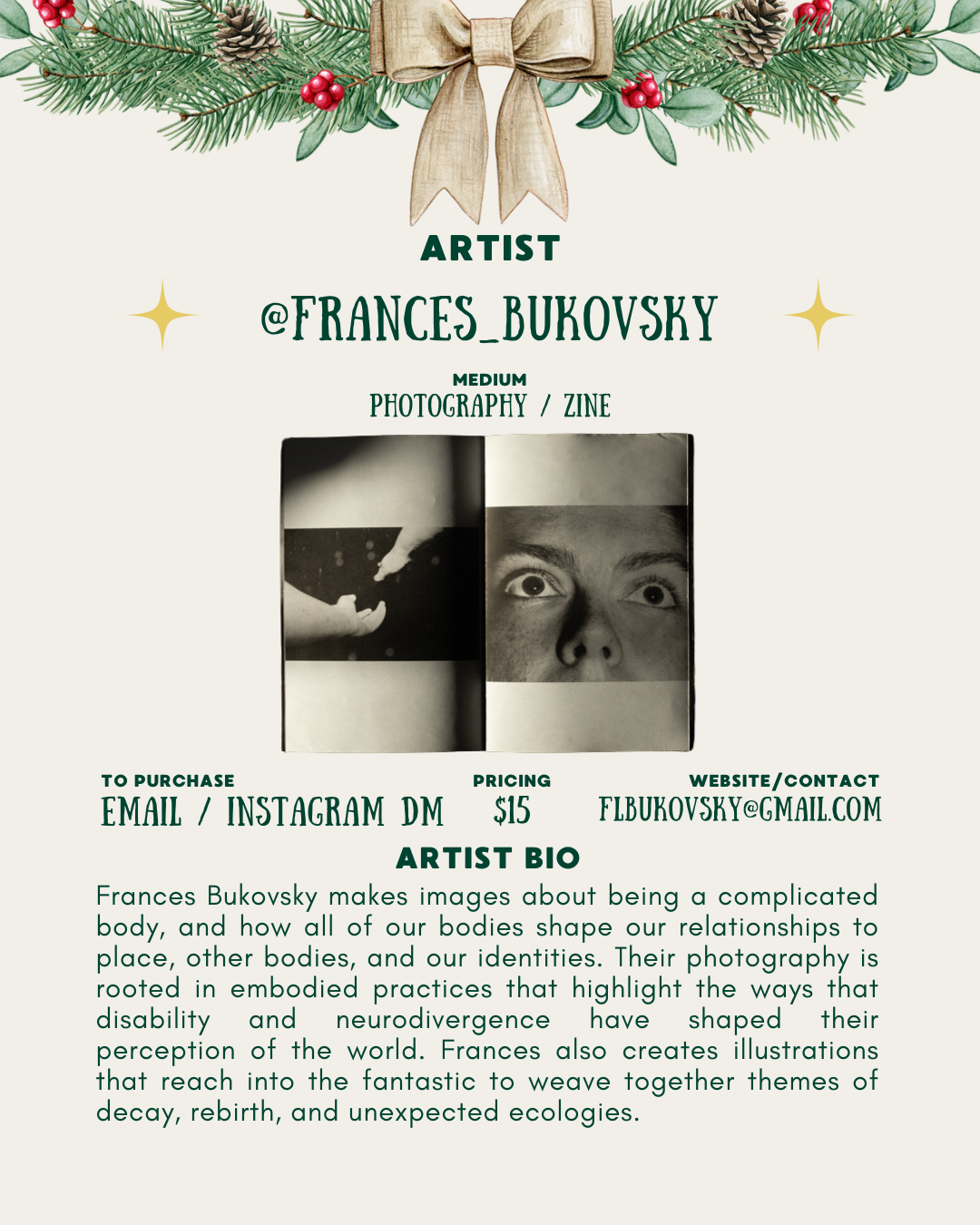 [id:A black-and-white open zine showing two photos. On the left is a hand reaching upward in a dark space. On the right is a close-up of a person’s face with wide eyes, partly obscured by a horizontal strip of blank paper.]