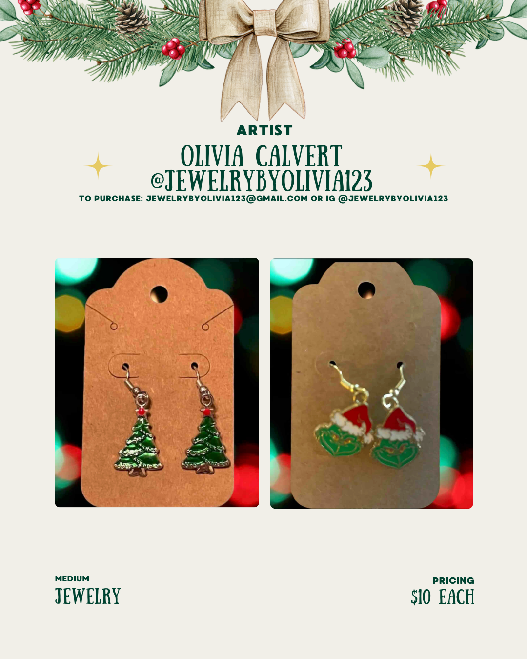 [id:Two pairs of Christmas-themed earrings on brown cards. The left pair is shaped like green Christmas trees with red stars on top. The right pair is shaped like green hearts wearing red Santa hats.]