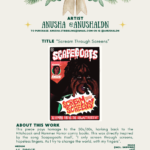 [id:A colorful illustrated print styled like a vintage horror comic cover. The title “Scapegoats” appears at the top in dripping red letters. Below it, a person with dark hair holds their face in fear, mouth open as if screaming. A bright speech-bubble graphic reads “Scream Through Screens!” in jagged lettering. A small circular portrait of the artist appears on the left.]
