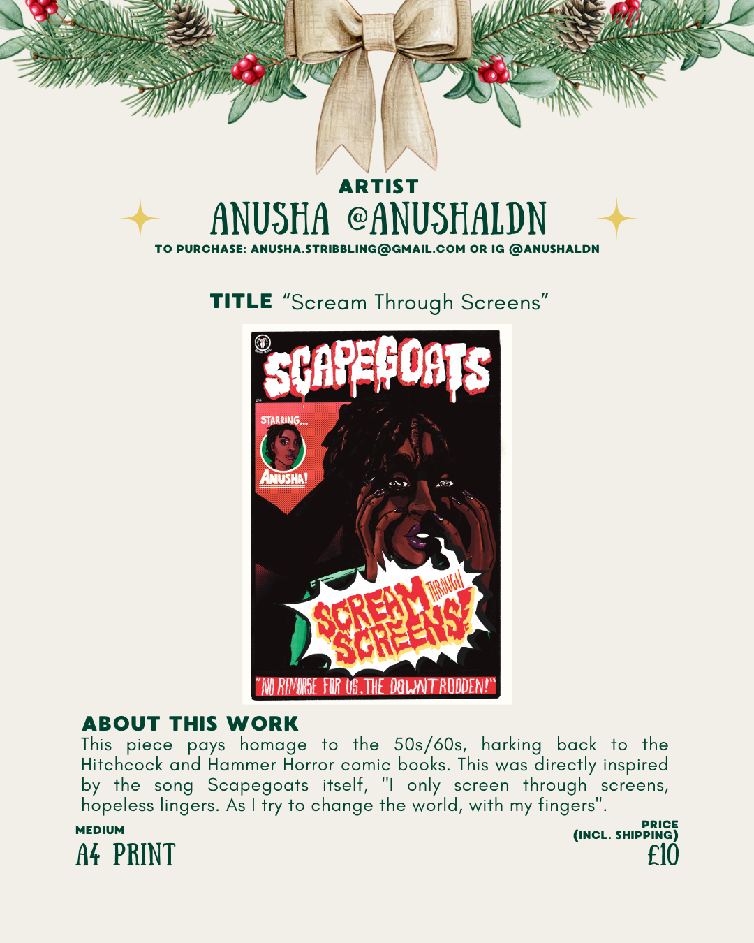 [id:A colorful illustrated print styled like a vintage horror comic cover. The title “Scapegoats” appears at the top in dripping red letters. Below it, a person with dark hair holds their face in fear, mouth open as if screaming. A bright speech-bubble graphic reads “Scream Through Screens!” in jagged lettering. A small circular portrait of the artist appears on the left.]
