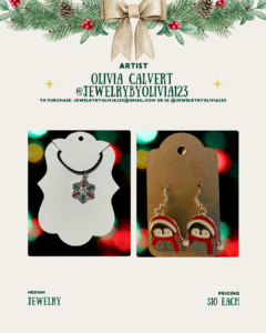 [id:Two pieces of jewelry. On the left is a silver snowflake necklace with red and green details on a white display card. On the right is a pair of penguin earrings wearing red winter hats and scarves on a brown card. Both items are shown with colorful blurred lights behind them.]
