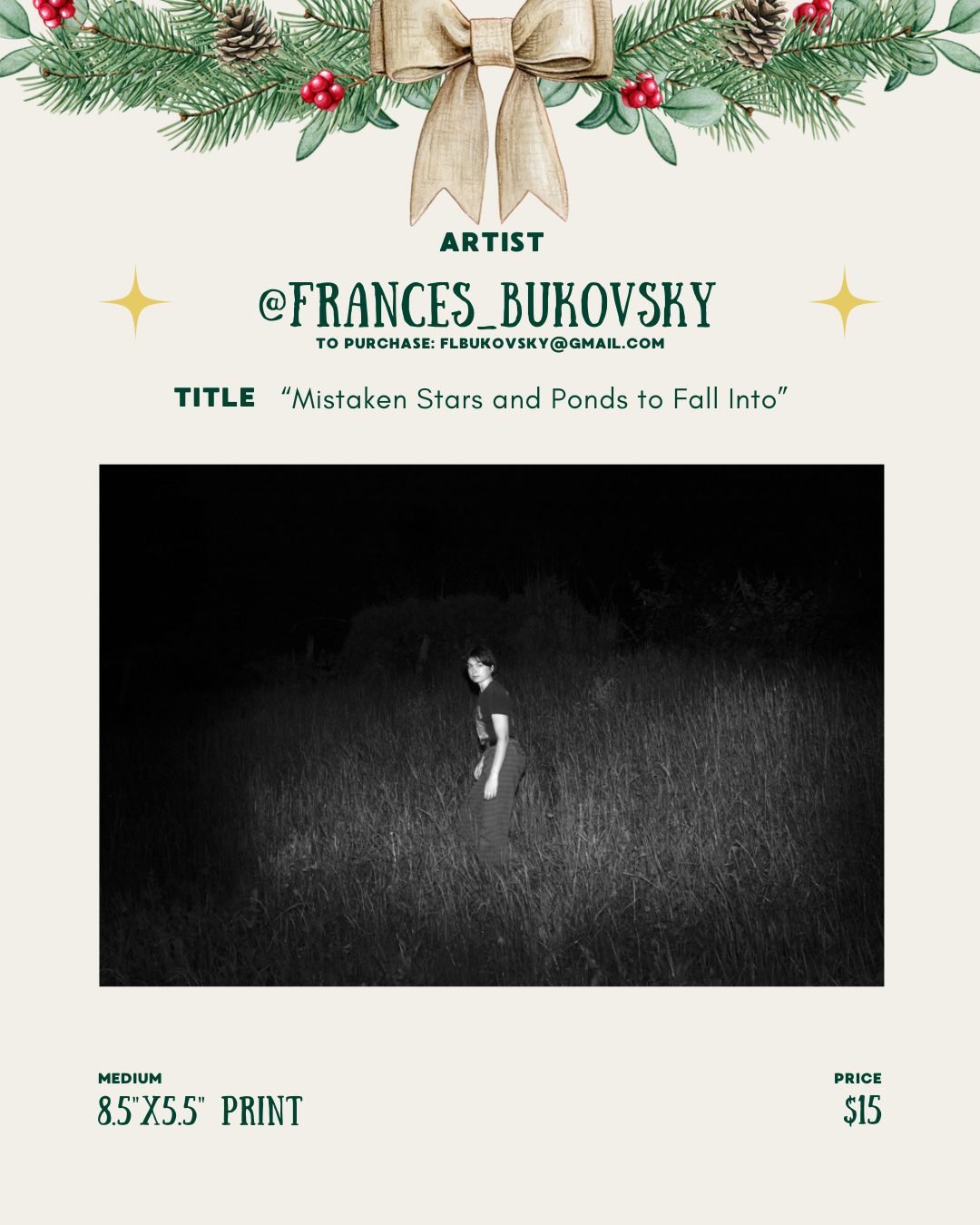 [id:A black-and-white night photo of a person standing in tall grass. The person is lit by a bright flash and looks slightly over their shoulder into the camera.]