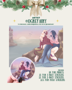[id:A holiday-themed layout for artist @ogrefairy. The main image is a digital illustration of two mer-creatures sitting on rocks by the ocean at sunset. One has long blonde hair and a unicorn horn, and the other has dark curly hair and tattoos. They sit close together and touch foreheads affectionately. Below is a circular sticker showing the same artwork. Pricing information is listed on the bottom right.]