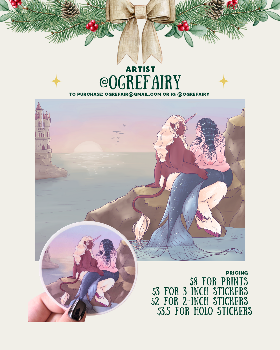 [id:A holiday-themed layout for artist @ogrefairy. The main image is a digital illustration of two mer-creatures sitting on rocks by the ocean at sunset. One has long blonde hair and a unicorn horn, and the other has dark curly hair and tattoos. They sit close together and touch foreheads affectionately. Below is a circular sticker showing the same artwork. Pricing information is listed on the bottom right.]