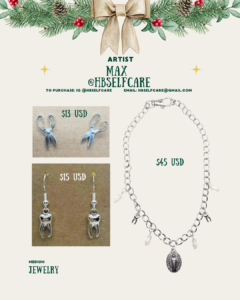 [id:A holiday-themed jewelry page for Max (@hbselfcare). At the top are pine branches and a bow. On the left are two close-up photos of earrings: one pair features tiny metal scissors priced at $13 USD, and another pair features small metal tooth charms priced at $15 USD. On the right is a silver charm bracelet with dangling clear teardrop beads, small tooth charms, and a central oval medallion. The bracelet is priced at $45 USD. The medium listed is jewelry.]