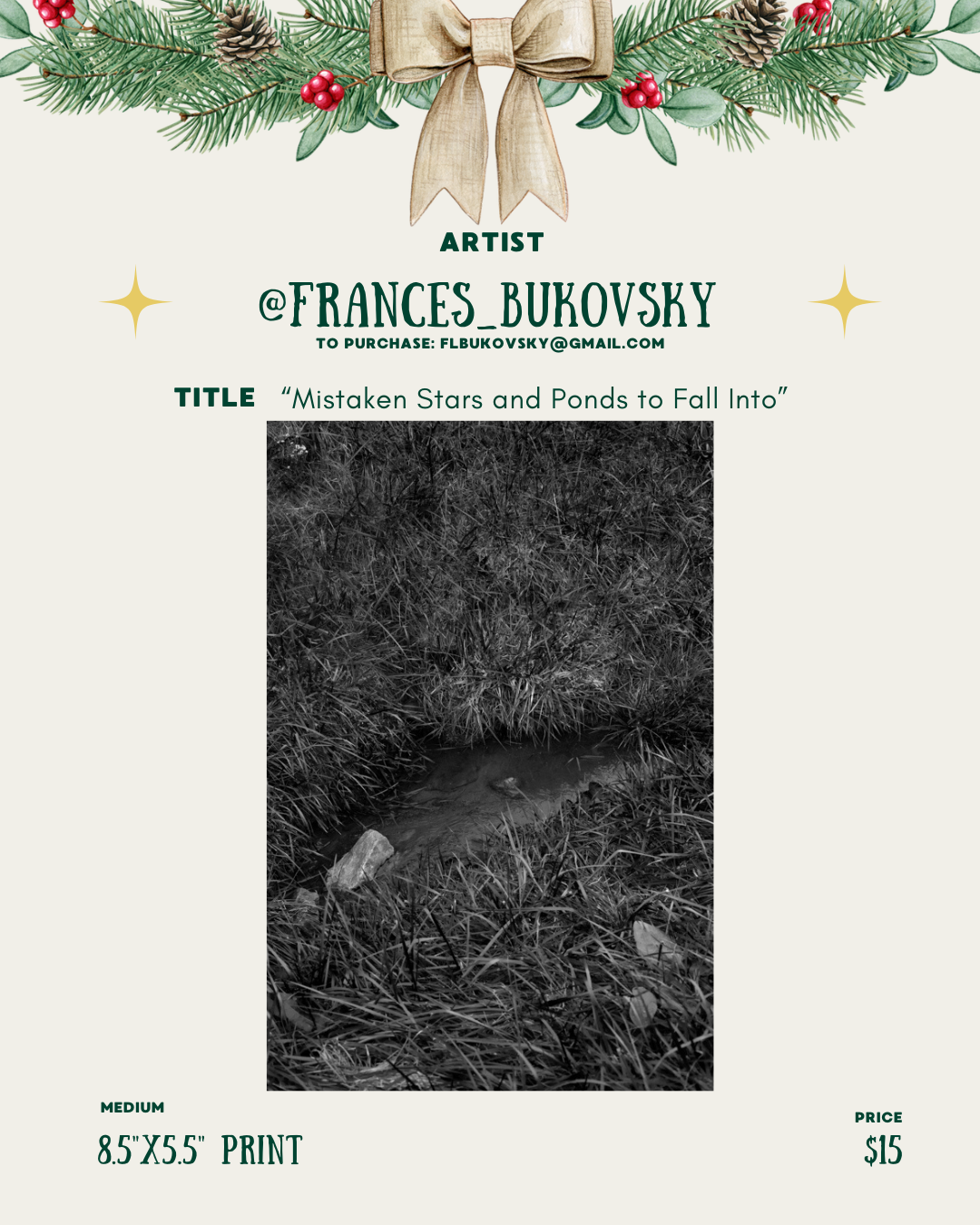 [id:A black-and-white photograph of a small patch of water surrounded by thick grass. The water sits in a shallow dip in the ground with surrounding textures of wet plants and mud.]