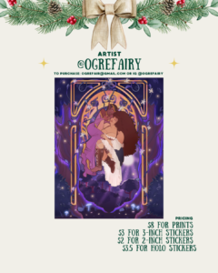 [id:A holiday-themed layout for artist @ogrefairy. The main illustration shows two characters embracing in a glowing, magical forest. One lifts the other off the ground in a romantic pose, surrounded by purple and gold decorative elements. Pricing information is at the bottom right.]