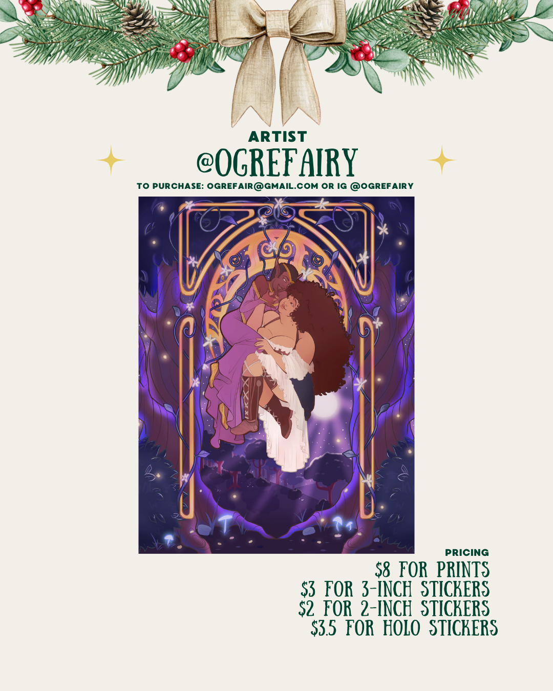 [id:A holiday-themed layout for artist @ogrefairy. The main illustration shows two characters embracing in a glowing, magical forest. One lifts the other off the ground in a romantic pose, surrounded by purple and gold decorative elements. Pricing information is at the bottom right.]