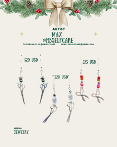 [id:A holiday-themed jewelry display for Max (@hbselfcare). Pine branches and a bow decorate the top. Three pairs of earrings are shown: two pairs with small metal scissors charms and bead accents priced at $20 USD, and one pair with metal bow-shaped charms and red and pink beads priced at $23 USD. The medium listed is jewelry.]