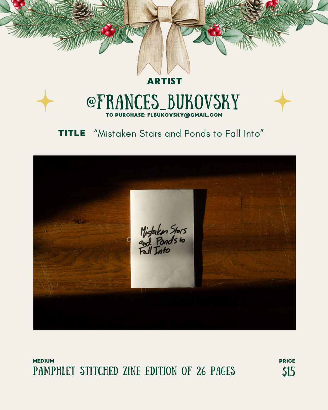 [id:A handmade zine with a plain white cover lying on a wooden surface. The title “Mistaken Stars and Ponds to Fall Into” is handwritten on the front in black marker.]