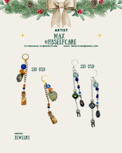 [id:A holiday-themed layout for Max (@hbselfcare) featuring jewelry. At the top are pine branches and a bow. Below are keychain or charm-style jewelry pieces made with beads, small shells, stones, and tiny corked bottles filled with glitter. Two pieces on the left have gold hardware, and two on the right have silver hardware. Prices shown are $30 USD. The medium listed is jewelry.]