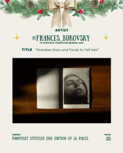 id:An open zine on a wooden surface. The left page is blank. The right page shows a close-up black-and-white portrait of a person lying down with their eyes closed.]