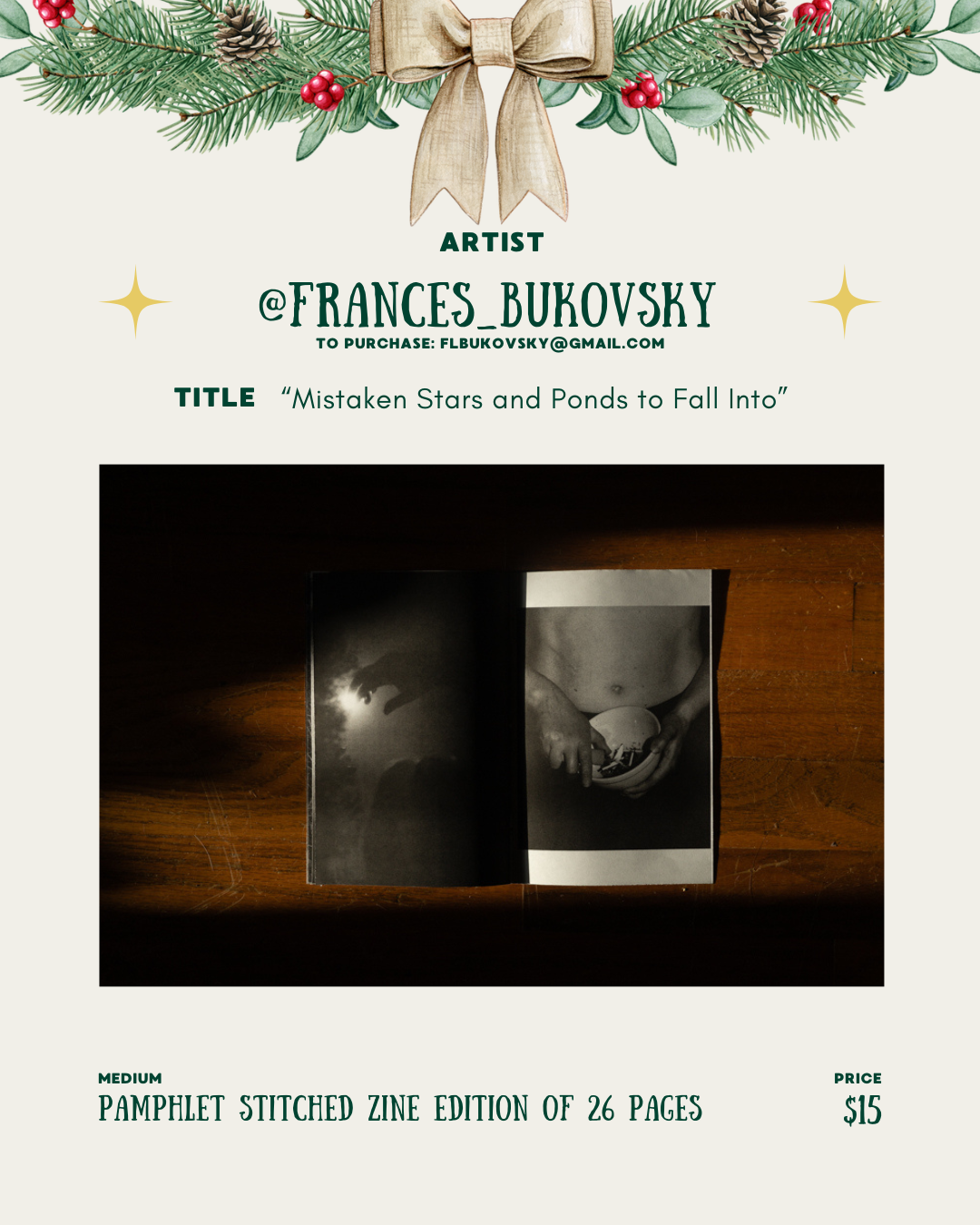 [id:An open zine resting on a wooden surface. The left page shows a black-and-white photo of a hand reaching toward light. The right page shows a close-up of someone’s torso holding a small white bowl.]