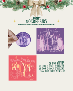 [id:A holiday-themed layout for artist @ogrefairy showing disability justice stickers. The top left is a round purple sticker held between fingers with a group of disabled people raising their fists under the words “#NobodyIsDisposable.” Next to it is a larger purple version of the same design. At the bottom is a red illustration of a group of disabled people protesting with the text “We will not stand for this.” Pricing information is on the right.]