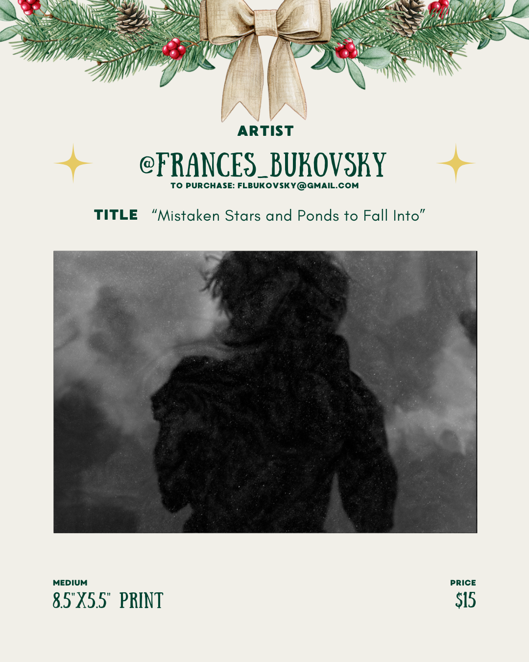 [id:A black-and-white image of a figure seen from behind, surrounded by smoky or cloudy textures. The figure’s outline and hair are faint and blend into the cloudy backgroun]